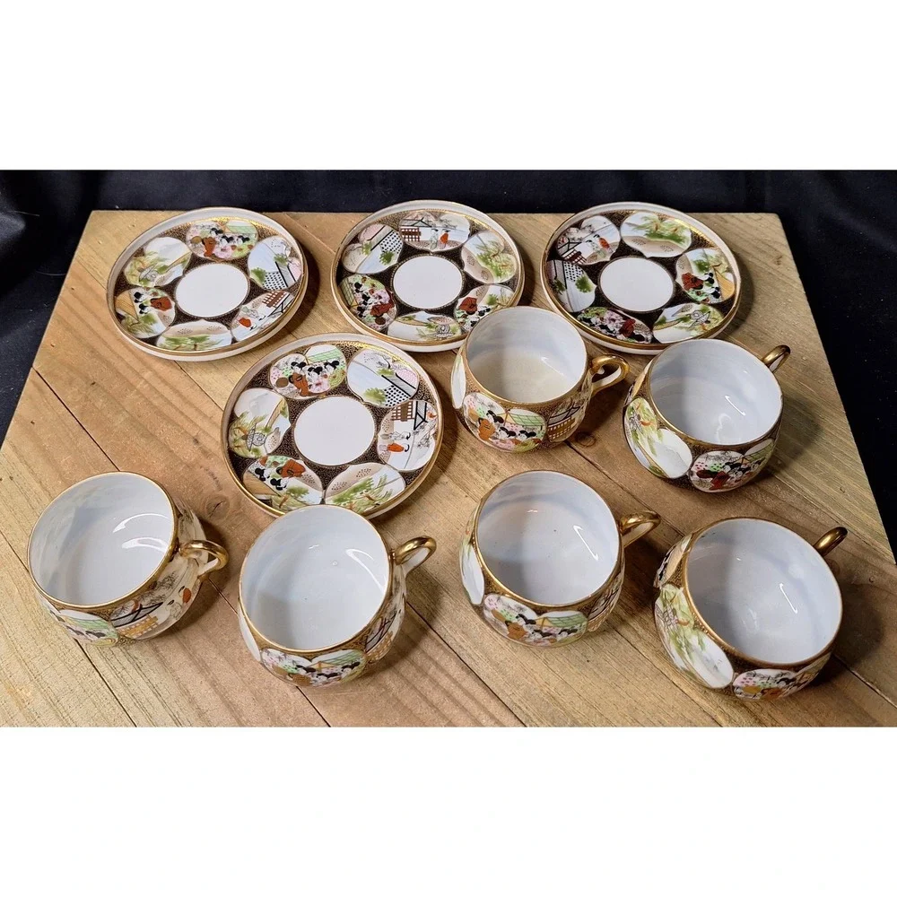 Antique Japanese Satsuma Eggshell‎ Porcelain Tea Cups & Saucers Set of 10 Geisha